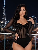 Women's Party Bodysuit, Sequined Mesh Long Sleeve Bodysuit with Heart-Shaped Neckline, Underwire, Boning, and Corset Waist Cinching Shapewear Nightclub Top, Y2K Starlight Sequin Sheer Bodysuit. Suitable for Nightclub Dancing, Bar Parties - Black