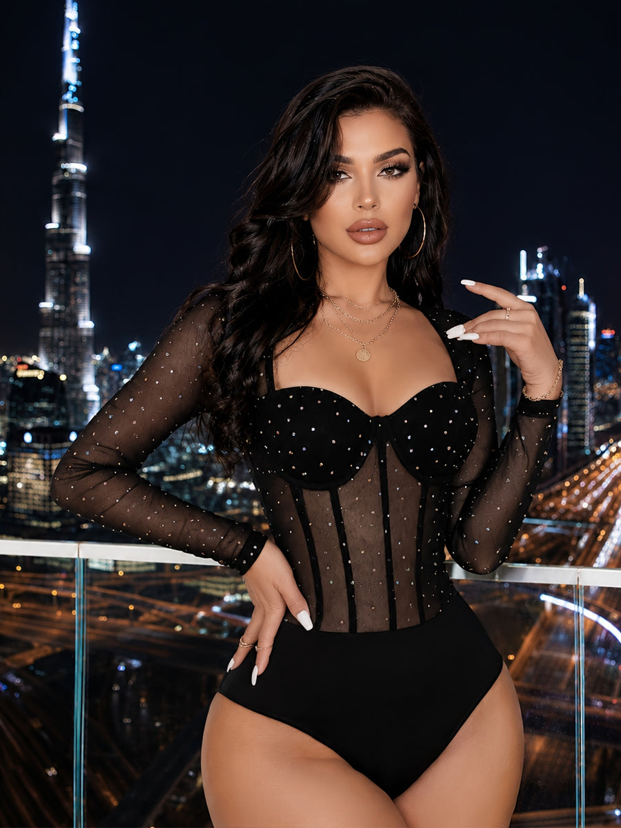 Women's Party Bodysuit, Sequined Mesh Long Sleeve Bodysuit with Heart-Shaped Neckline, Underwire, Boning, and Corset Waist Cinching Shapewear Nightclub Top, Y2K Starlight Sequin Sheer Bodysuit. Suitable for Nightclub Dancing, Bar Parties - Black