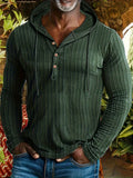 Men's Fashion Casual Textured Solid Color Long Sleeve Hooded Drawstring Button Henley Shirt for Autumn and Winter, New Season - Dark Green
