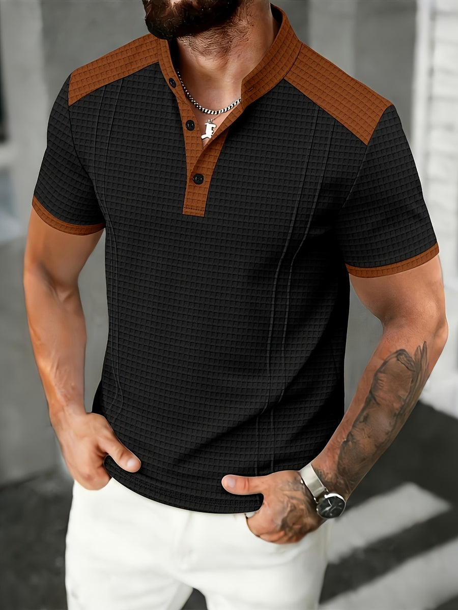 Men'S Short-Sleeve Plaid Knit Henley Shirt with Contrasting Brown Trim, Featuring a Stand Collar Design, Casual Button-Up Front, Breathable Vintage Street Style Clothing - Black