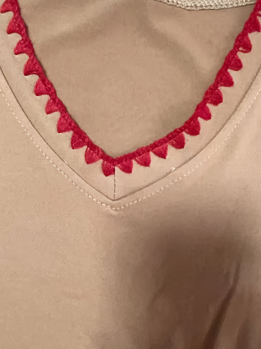 XXFL Directional Style Summer Regular Shoulder V-Neck Color-Block Fashion Versatile Short-Sleeve Top T-Shirt - Khaki