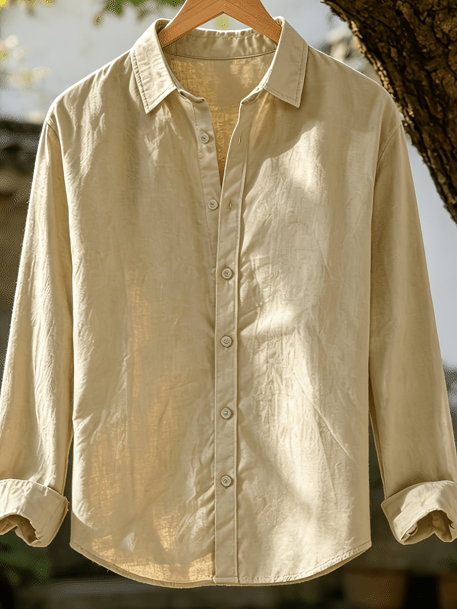 Single Piece Men'S Solid Color Long-Sleeve Shirt, Loose And Soft Button-Up Cardigan Design, Comfortable And Skin-Friendly, Available in Multiple Colors, Versatile for Daily Wear And Outdoor Adventures - Khaki