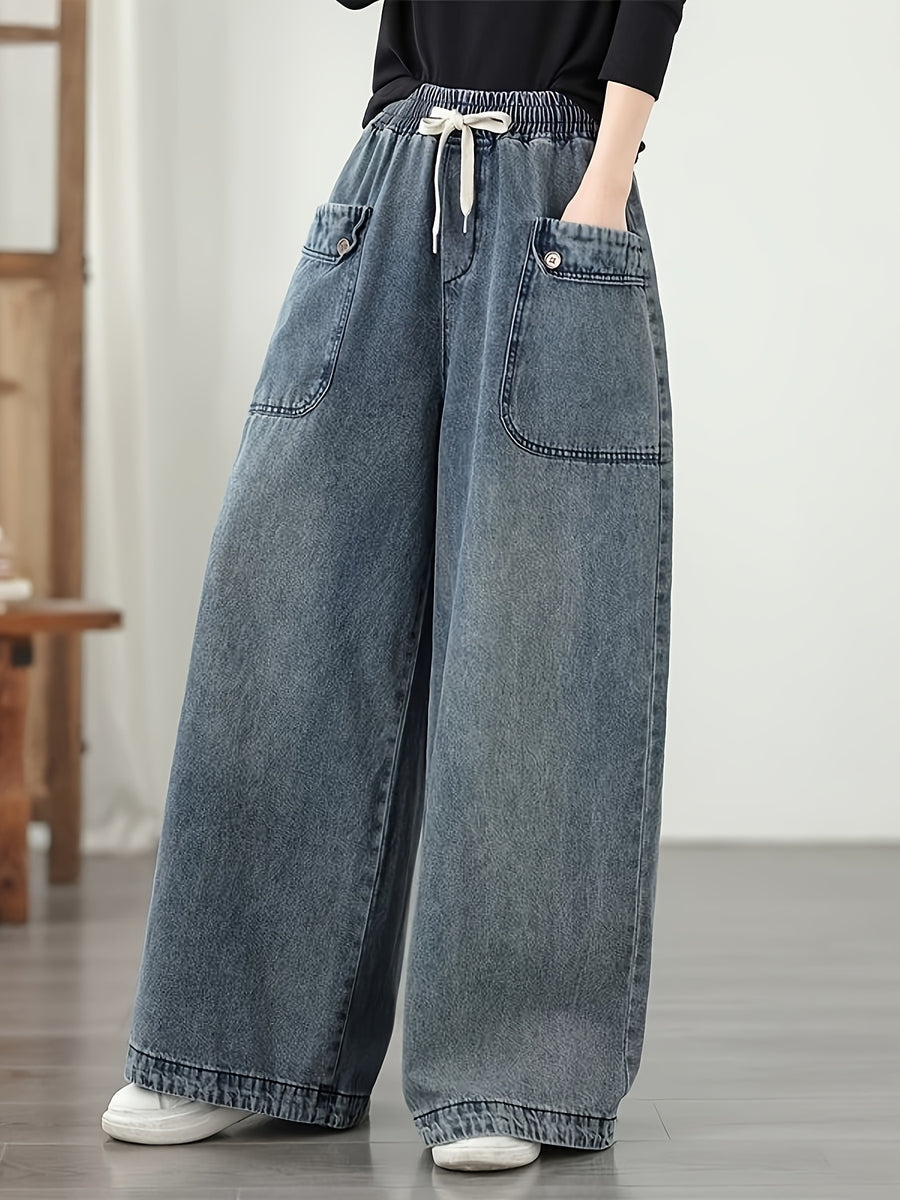 Plus Size Women Autumn Winter New Casual Versatile Elastic Waist Loose Washed Denim Wide Leg Pants, Light Color Long Trousers Straight Leg Effect - Medium Blue