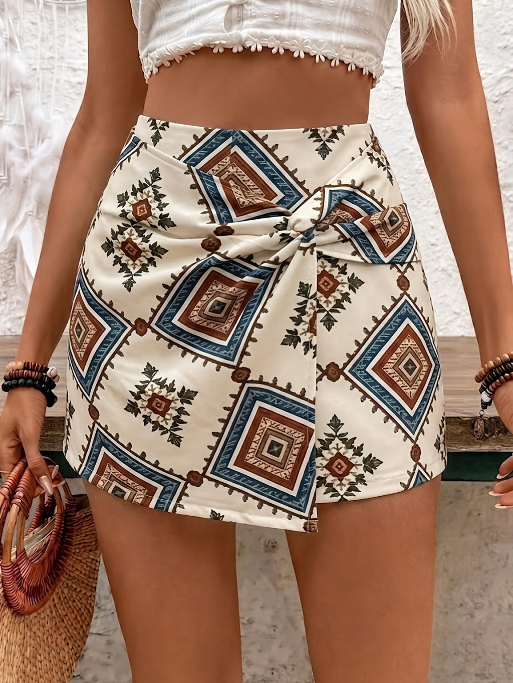 Vintage Geometric Pattern Tie-up Irregular Mid-length Shorts - Mixed colors