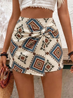 Vintage Geometric Pattern Tie-up Irregular Mid-length Shorts - Mixed colors