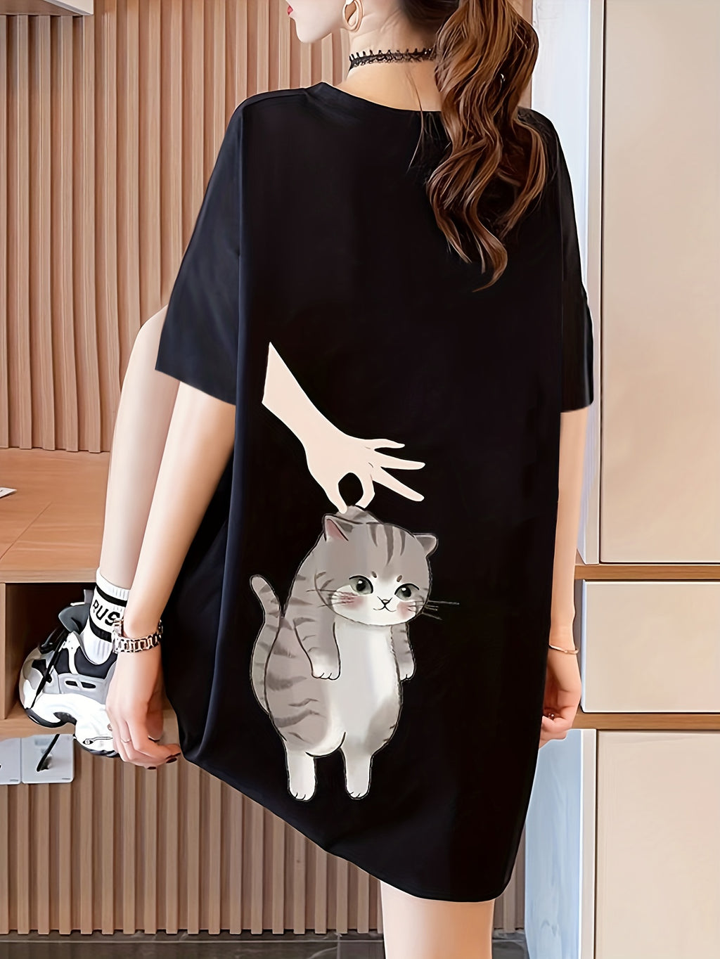 Women's Short Sleeve T-Shirt with Front and Back Print, Pure - Black