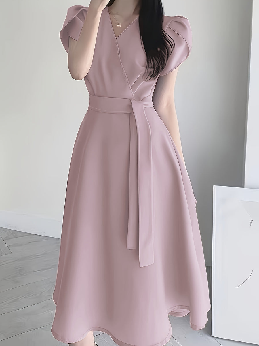 Women'S Belt Dress, Solid Color Loose Elegant Puff Sleeve V-Neck Tie-Waist A-Line Midi Dress - Lightweight Breathable Summer Commute And Party Dress, Suitable for Wedding Guest, Party Or Summer Outfit, Casual Commute - Light Purple