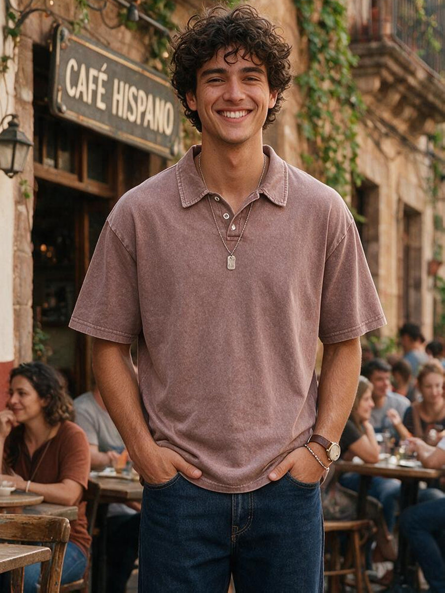 240G Heavyweight Combed Pure Men'S POLO Shirt Easy Retro Washed Loose Lapel Short Sleeve Skin-Friendly Temperament Autumn Summer Daily Commute Casual Top - Light Brown-1