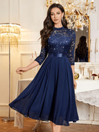 Wedding Bridesmaid Dress Short Sleeve Sequin Lace Hem Chiffon Mid-Length Dress Evening Gown - Navy Color