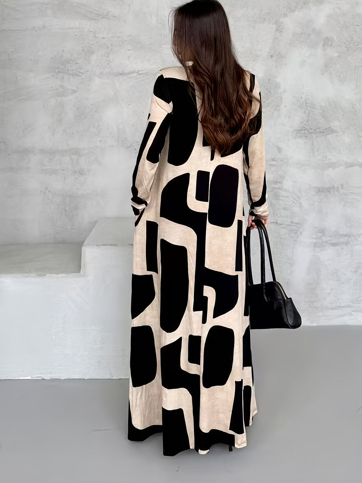 European And American Style Women'S Casual Dress Long-Sleeved Loose Fashion Color-Blocking Print Long Skirt - Mixed colors