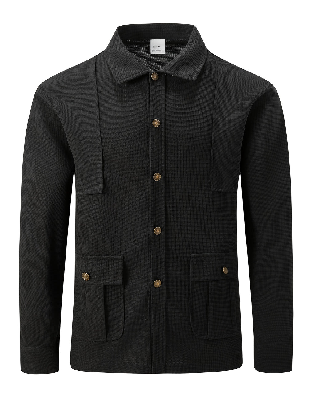 Men'S New Fall Winter Waffle Knit Shirt Jacket with Lapel, Multi-Pocket Button-Front Cargo Jacket - Black
