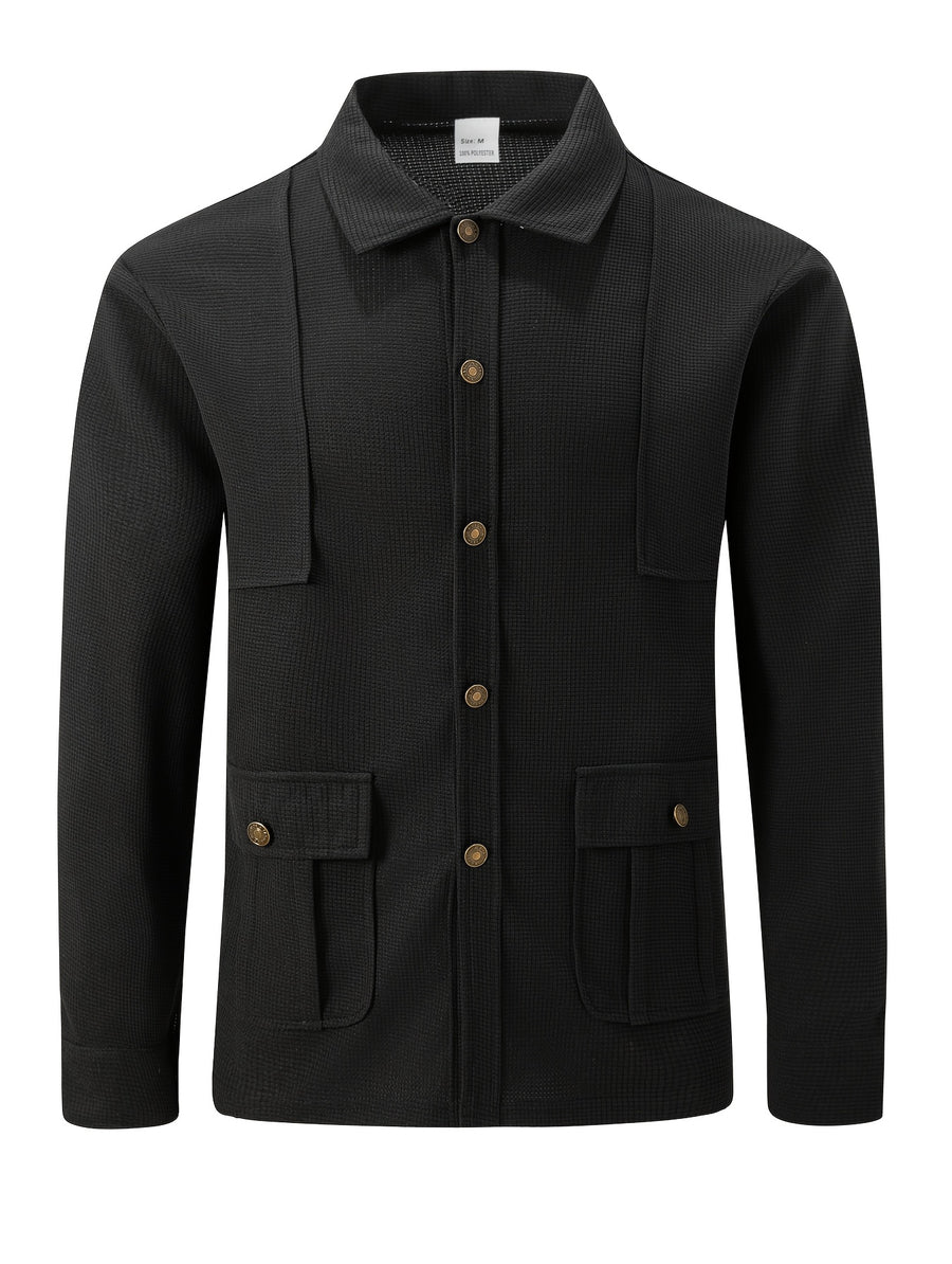 Men'S New Fall Winter Waffle Knit Shirt Jacket with Lapel, Multi-Pocket Button-Front Cargo Jacket - Black