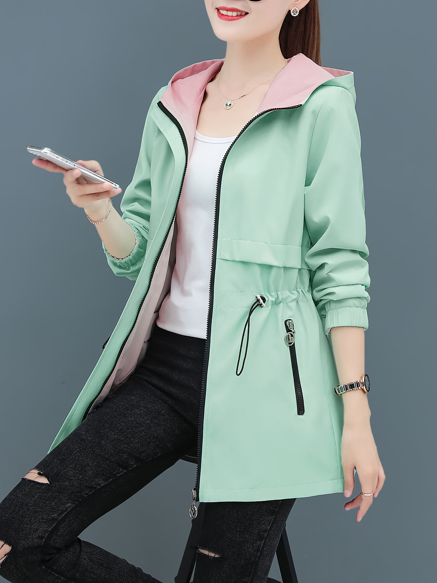 Reversible Women'S Trench Coat Jacket, Mid-Length Hooded Outerwear, Spring/Autumn Red And Green Contrast, Adjustable Waist Tie, Casual Elegant Outdoor Cardigan Top, Front Pocket Zipper Design, Non-Stretch Fabric, Fashionable Jacket - Pea Green Color