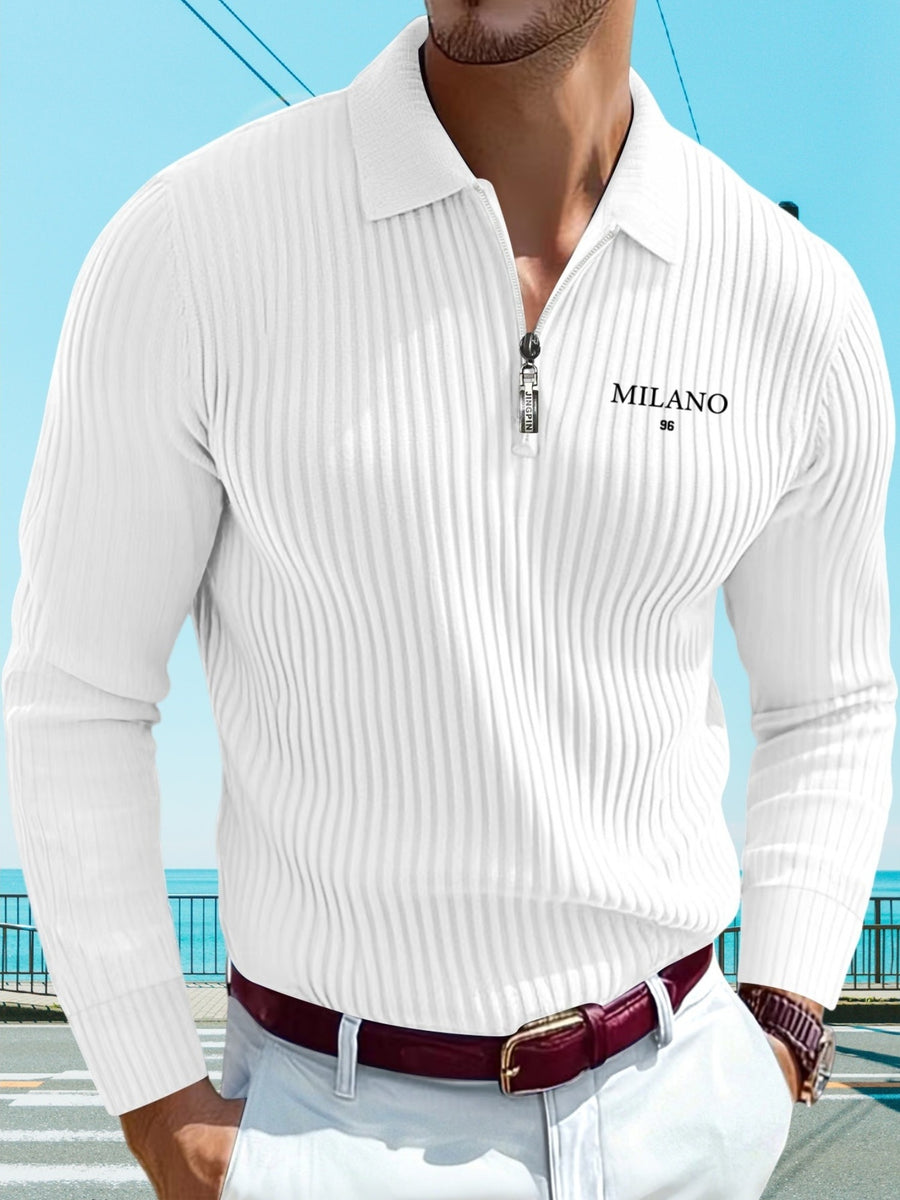 Men'S Print Autumn Striped Casual Sports Outdoor Comfortable Long-Sleeve Polo Shirt - White