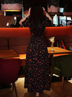 Women's French Vintage Lapel Collar Dress with Waist Cinch - Short Sleeve -Neck -Line Midi Dress, Blouse-Suitable for Daily Commuting, Short Bell Sleeves & Contrast Collar, Spring Summer Office to Casual Wear (Machine Washable) - Black