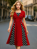 Vintage Women'S Red Black Polka Dot Patchwork Dress, Double-Breasted Short Sleeve Flared Midi Skirt, Suitable for Commuting, Dates, Banquets, Daily Outings, Parties, And Gathering Dresses - Red