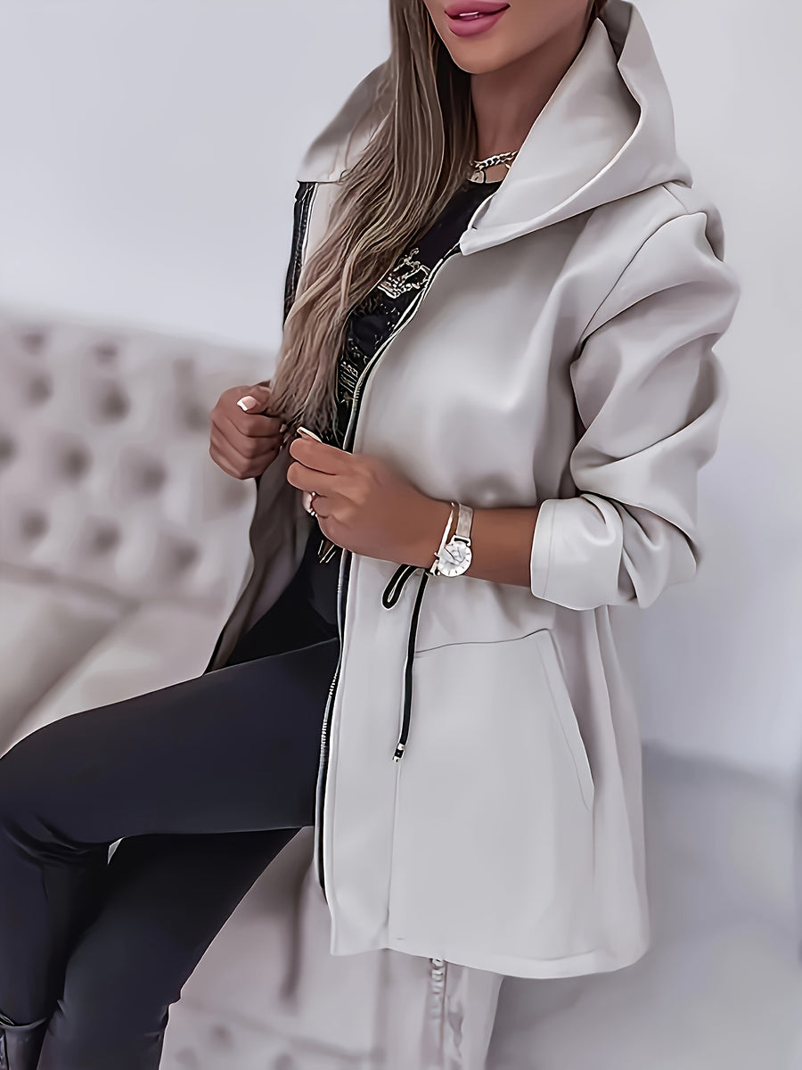 Pocket Zipper Design Drawstring Hooded Coat - Grey