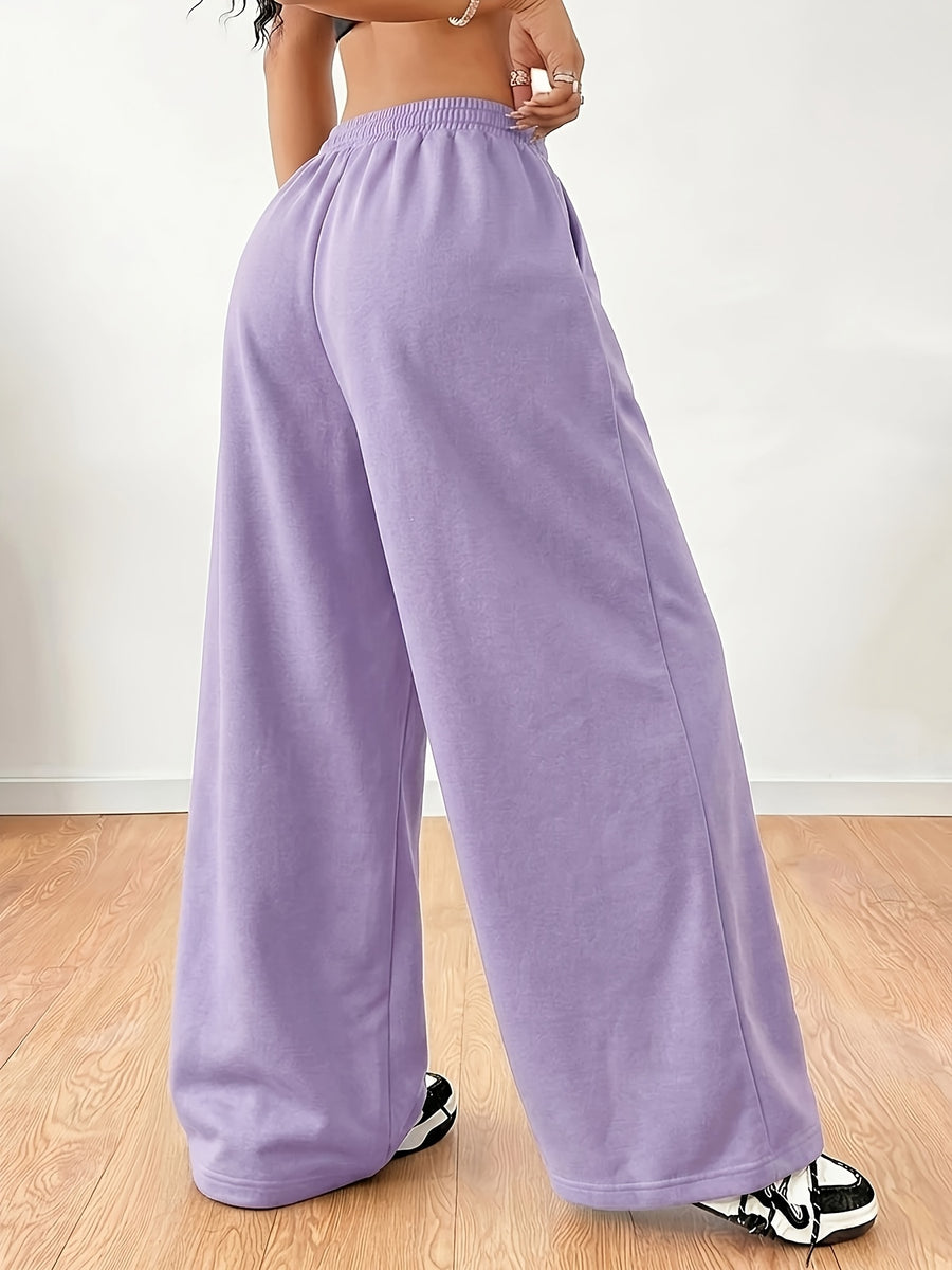 Sweet and Cool Bow Print with Letter Pattern, Women's Casual Y Straight-Leg Pants, Elastic Waist with Drawstring Wide-Leg Long Pants, All-Season Women's Trousers - Purple