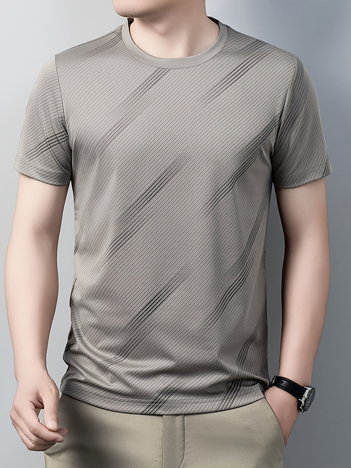 Men's Breathable Mesh Short Sleeve T-Shirt - Lightweight Non-Stick Summer Shirt Suitable for Business Casual & Casual Attire, Round Neck Striped Style (No Belt) for Office, Travel, Layering - Non- Round Neck - Khaki