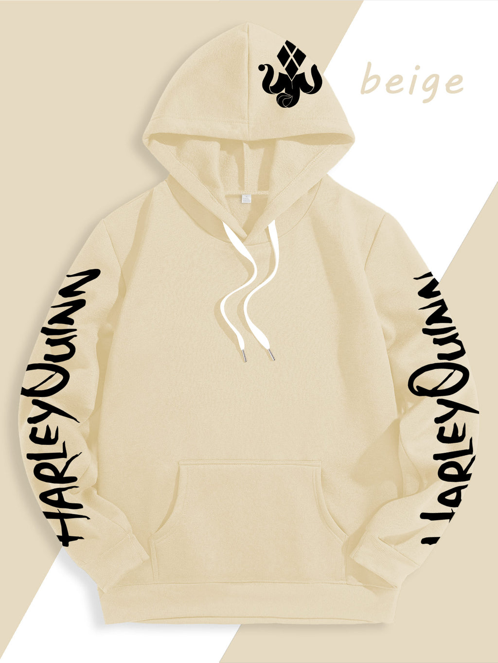 Warner Official Men'S Hoodie, Black And White Thread Draft Double Ponytail Quinn Hardcore Comic Print Design, Machine Washable, Warm And Casual for Autumn And Winter, Daily Drawstring Hoodie, Multi-Functional Sports And Leisure Loose Fit - Apricot