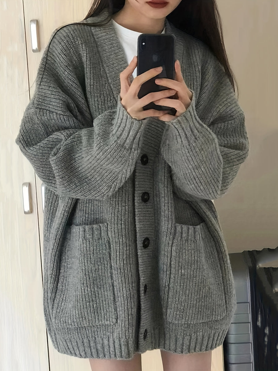 Casual V-Neck Single-Breasted Sweater Coat for Women with Double Pockets, Autumn and Winter Cardigan - Grey