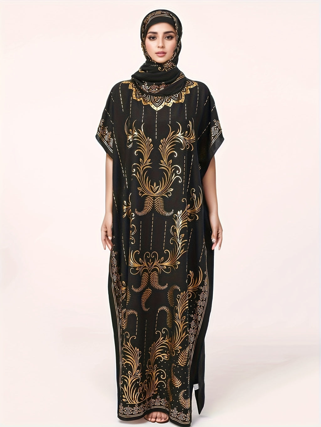 Women's Pattern Robe with Beige Tassel Set, Arabic Luxury Abaya, Headscarf, Elegant Round Neck Dress, Short Sleeve Style - Black Golden