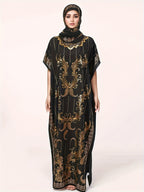Women's Pattern Robe with Beige Tassel Set, Arabic Luxury Abaya, Headscarf, Elegant Round Neck Dress, Short Sleeve Style - Black Golden