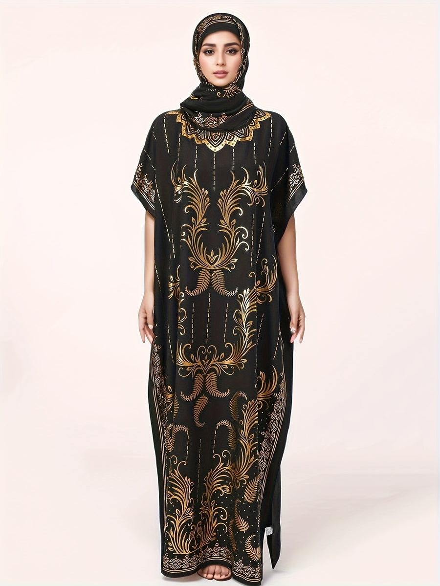 Women's Pattern Robe with Beige Tassel Set, Arabic Luxury Abaya, Headscarf, Elegant Round Neck Dress, Short Sleeve Style - Black Golden
