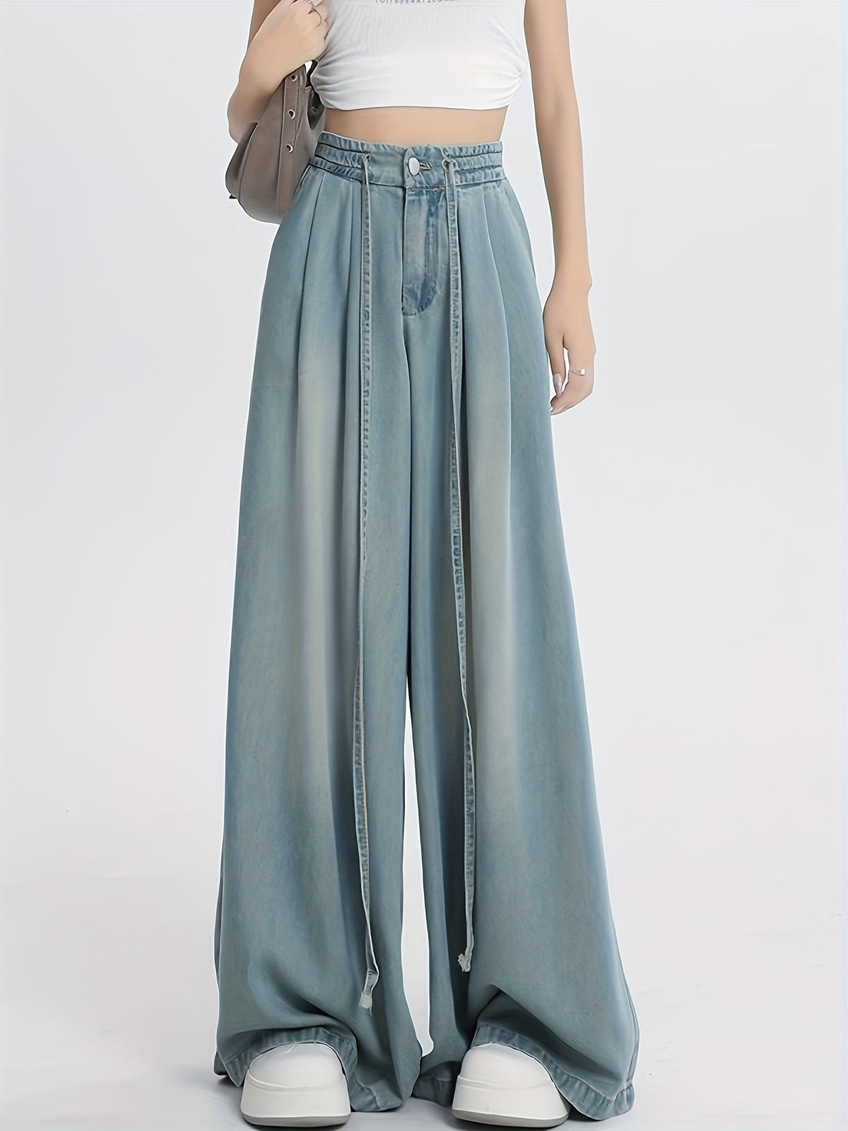 New Early Autumn Wide-Leg Jeans Thin Drape Wide-Leg Trousers Floor-Length Pants Fashionable All-Match Easy Semi-Elastic Waist Wide-Leg Trousers Spring Summer All-Season Style - Dark Blue 1