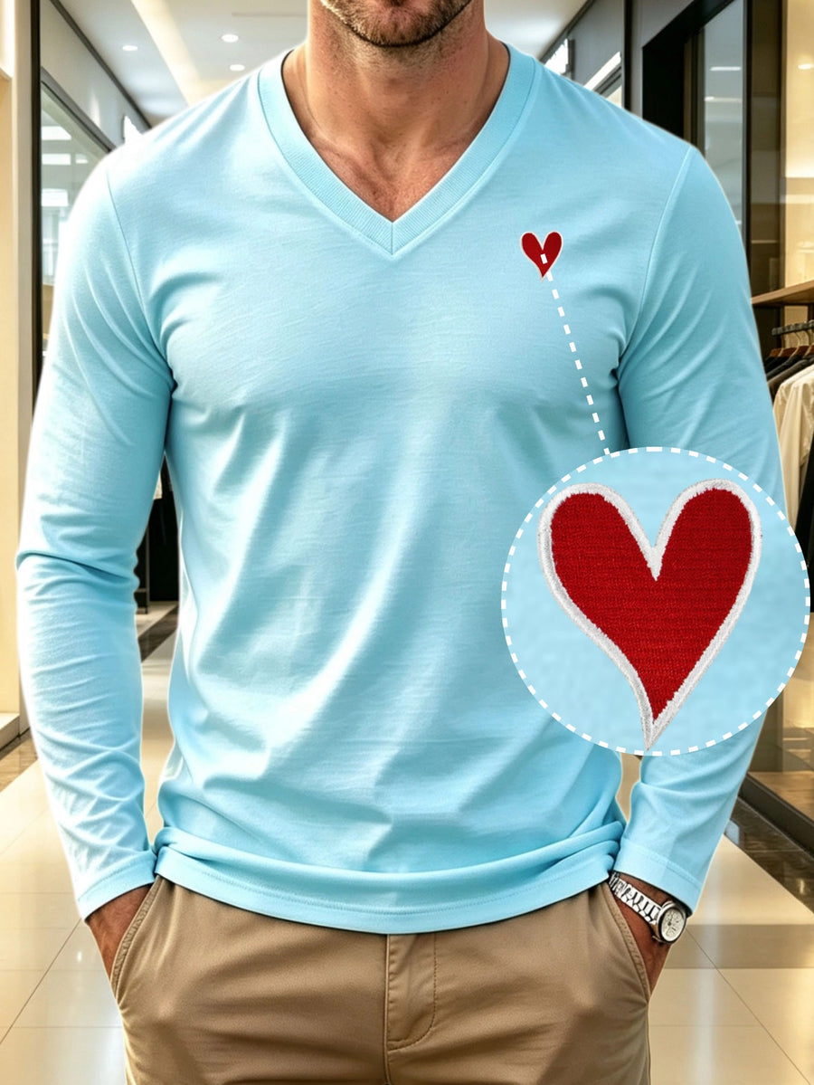 100% Cotton Men's V-Neck Long Sleeve Crewneck T-Shirt, Men's Knitted Sweatshirt, Casual Sport Outdoor Top, New Men's Casual Versatile T-Shirt, Back-to-School Season, Gift for Friends - Sky Blue