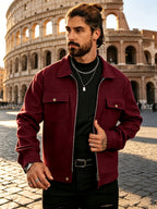 Men's Lapel Workwear Blend Jacket with Metal Zipper Pocket Accents, Casual Vintage Cropped Top - Burgundy