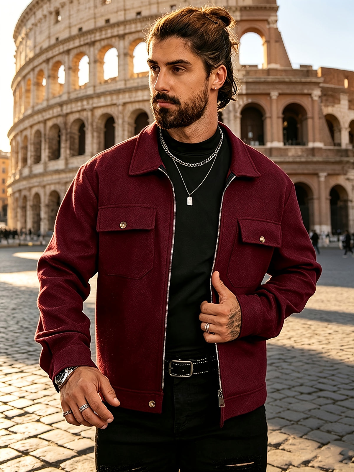 Men's Lapel Workwear Blend Jacket with Metal Zipper Pocket Accents, Casual Vintage Cropped Top - Burgundy