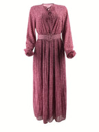 Women's Middle Eastern Muslim Chiffon Floral Print Long Dress - Dark Pink