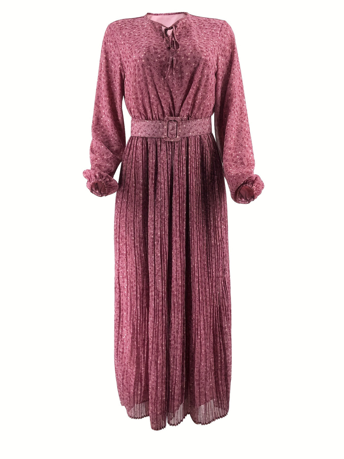 Women's Middle Eastern Muslim Chiffon Floral Print Long Dress - Dark Pink