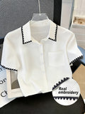 Marked Lady'S New Short-Sleeved Shirt, Embroidered Edge Shirt, Loose Fit, Design Sense, Fashionable Commute And Happy Vacation Wear - White
