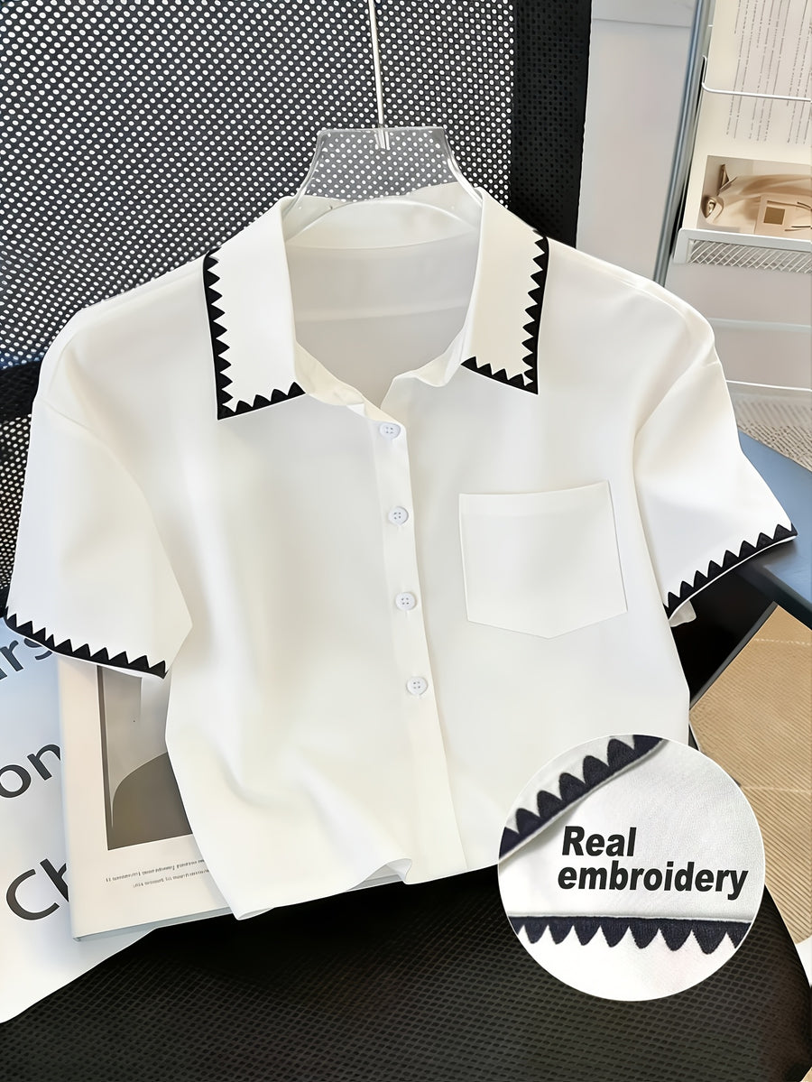 Marked Lady'S New Short-Sleeved Shirt, Embroidered Edge Shirt, Loose Fit, Design Sense, Fashionable Commute And Happy Vacation Wear - White