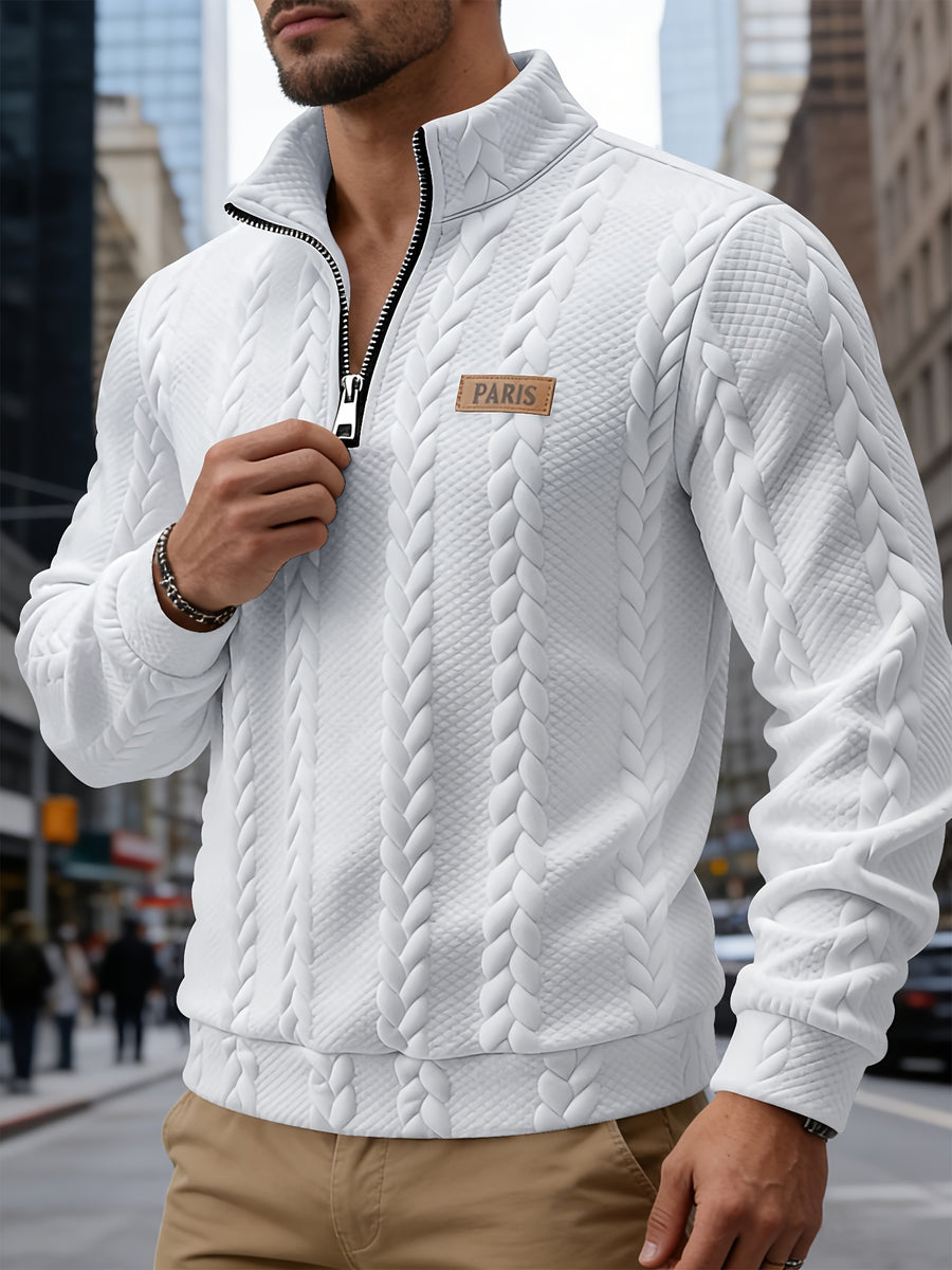 Men'S Casual Button-Up Half-Open Placket Patchwork Contrast-Colored Henley Shirt Long-Sleeved Spring And Autumn Men'S Top Outdoor Versatile Jacquard Sweater - White