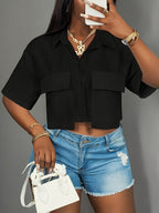 New Women'S Casual Street Pocket Short-Sleeved Shirt Loose Short White Drop Shoulder Shirt Women'S Shirt, Spring/Summer, Casual Daily Wear, Music Festival - Black