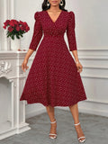 2026 New Valentine's Day/New Year Party/Suitable for Daily Work Wear/Suitable for All Seasons Elegant Fashion Versatile Daily Date V-Neck 3/4 Sleeve Waist Flared Long Red and Blue Women's Elegant Dress, Women's Polka Dot Small Heart Print Dress - Burgundy