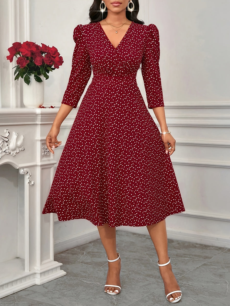 2026 New Valentine's Day/New Year Party/Suitable for Daily Work Wear/Suitable for All Seasons Elegant Fashion Versatile Daily Date V-Neck 3/4 Sleeve Waist Flared Long Red and Blue Women's Elegant Dress, Women's Polka Dot Small Heart Print Dress - Burgundy
