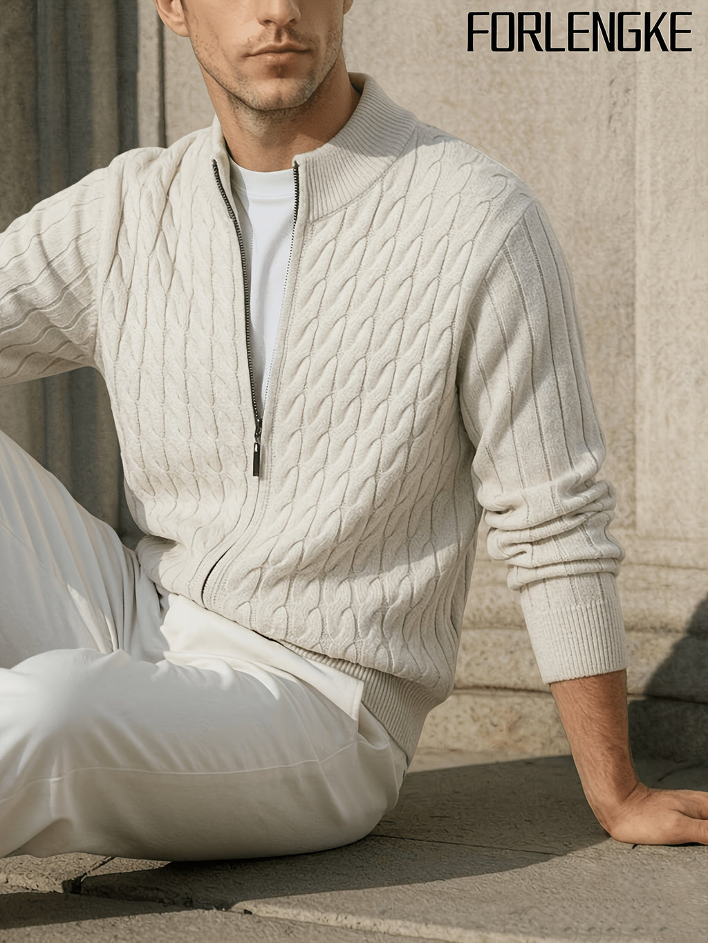 FORLENGKE New Stylish Men's Business Casual Stand Collar Cable Knit Zip Up Cardigan, Soft Warm Long Sleeve Knit Jacket for Fall Winter Office Daily Wear - Ivory White