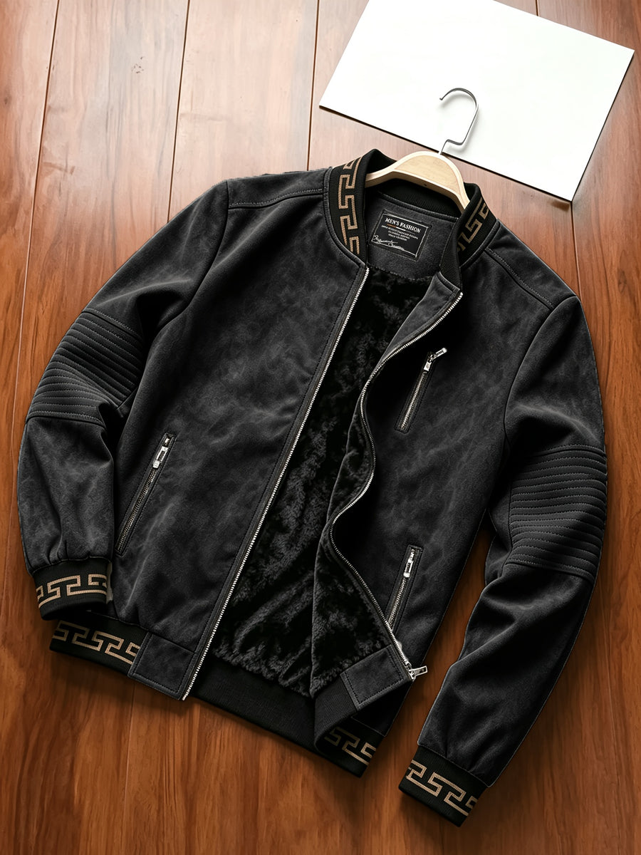 Men's -Lined -Look Baseball Jacket, Vintage Herringbone Ribbed Collar Casual Baseball Coat, for Daily Outdoor Streetwear - Black