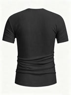 [Qiaoximei OBM] Pinstripe Henley Shirt, Solid Color Easy Casual T-Shirt, Comfortable Soft Breathable Fabric, Suitable for Men'S Daily Work And Beach Vacation Wear, Fashionable Athletic Clothing - Black