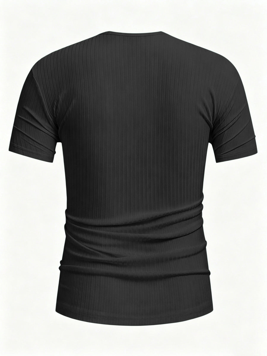 [Qiaoximei OBM] Pinstripe Henley Shirt, Solid Color Easy Casual T-Shirt, Comfortable Soft Breathable Fabric, Suitable for Men'S Daily Work And Beach Vacation Wear, Fashionable Athletic Clothing - Black