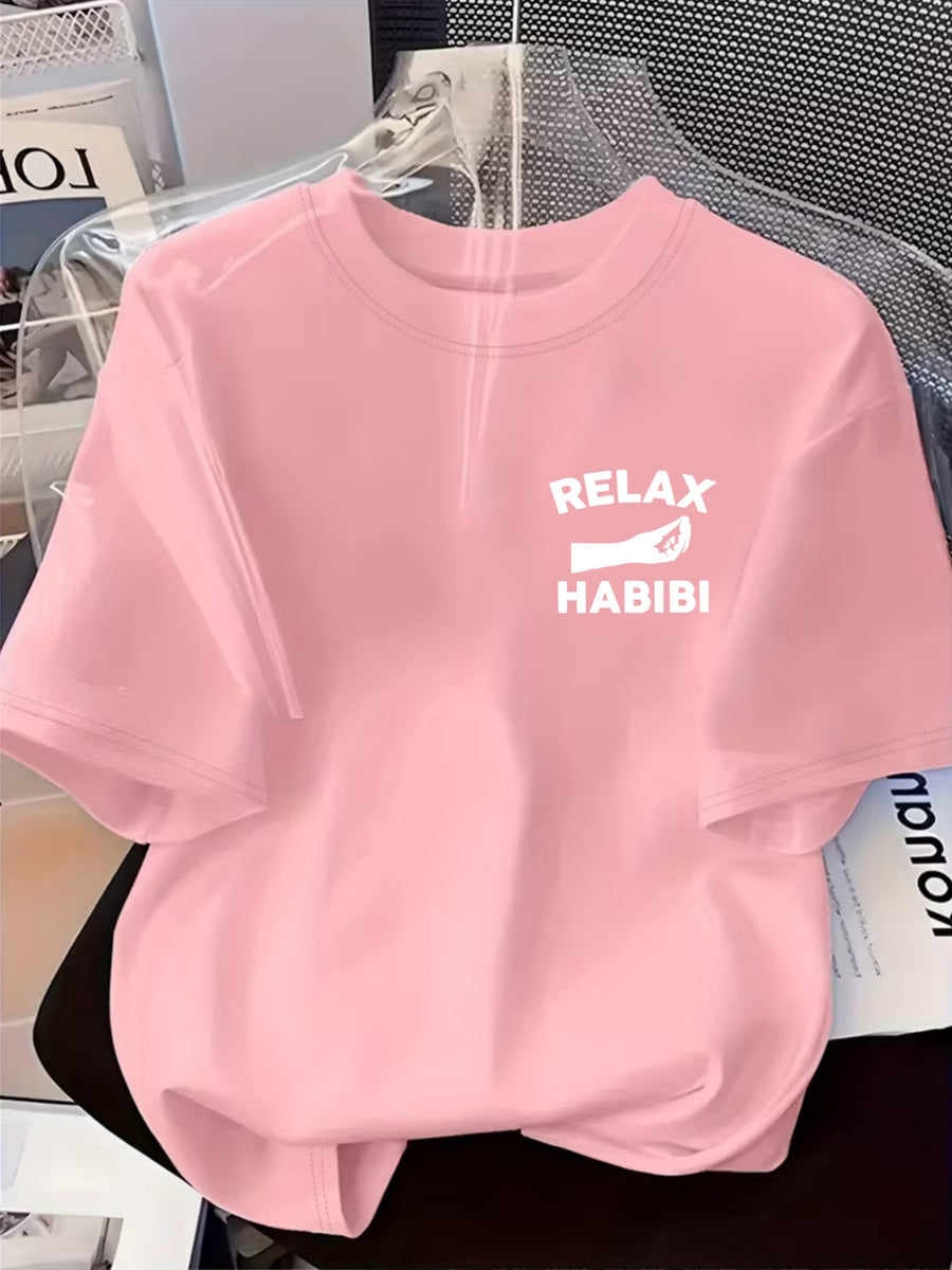 Front And Back Printed Women'S Fashion Base Print T-Shirt, Soft And Versatile, Casual Style Printed Pattern with RELAX HABIBI Lettering And Hand Gesture Design Printed Short Sleeve T-Shirt, Suitable for Casual Wear, Fashion All-Season Top - Pale Pinkish Gray