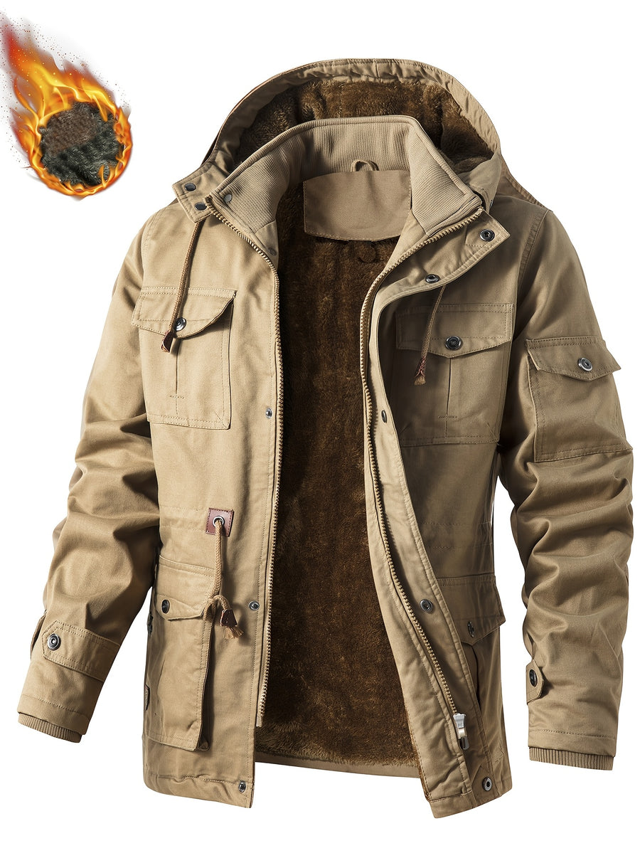 Men'S Winter Fleece-Lined Hooded Jacket - Thick Warm Insulated, Multiple Pockets, 100% Polyester Casual Coat, Machine Washable Regular Fit for Autumn/Winter Outdoor Wear, Winter Outerwear - Khaki