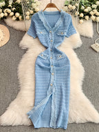 V-neck Metallic Single-button Solid Color Fashionable Fringe Trim Body-hugging Slit Mermaid Dress LL256 - Blue