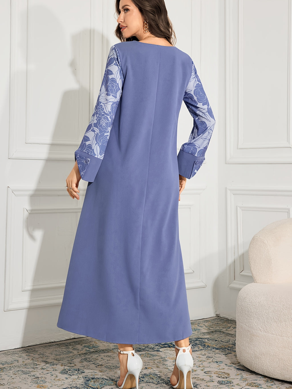 2026 Spring/Autumn New Women's Long Sleeve Printed Maxi Dress, Arabic Style Loose Fit Dress, Women's Casual Robe Long Dress 3071B - Blue