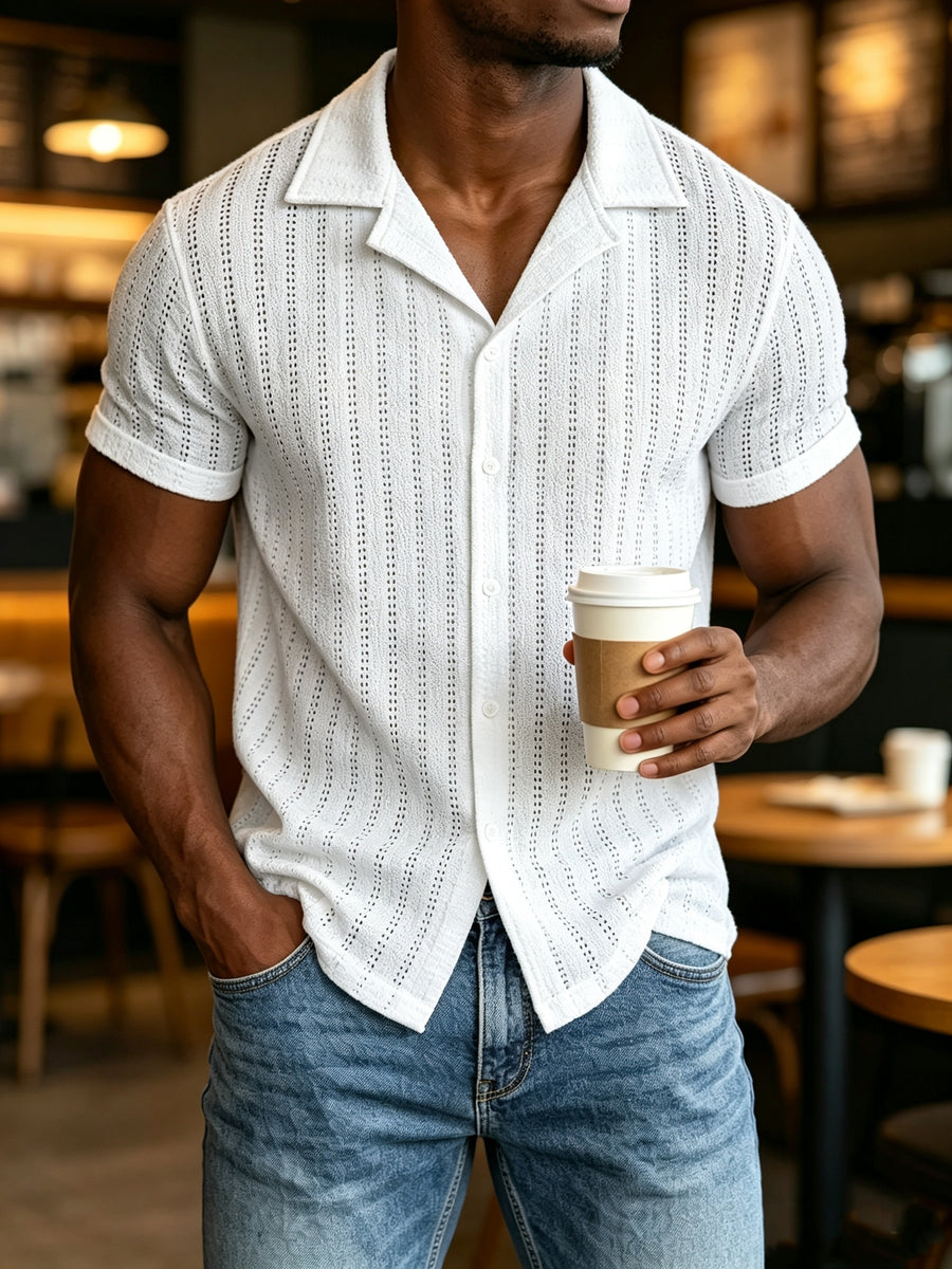 Men'S Crochet Knit Camp Collar Shirt, Short Sleeve Button- for Beach Vacation Casual Daily Wear - White