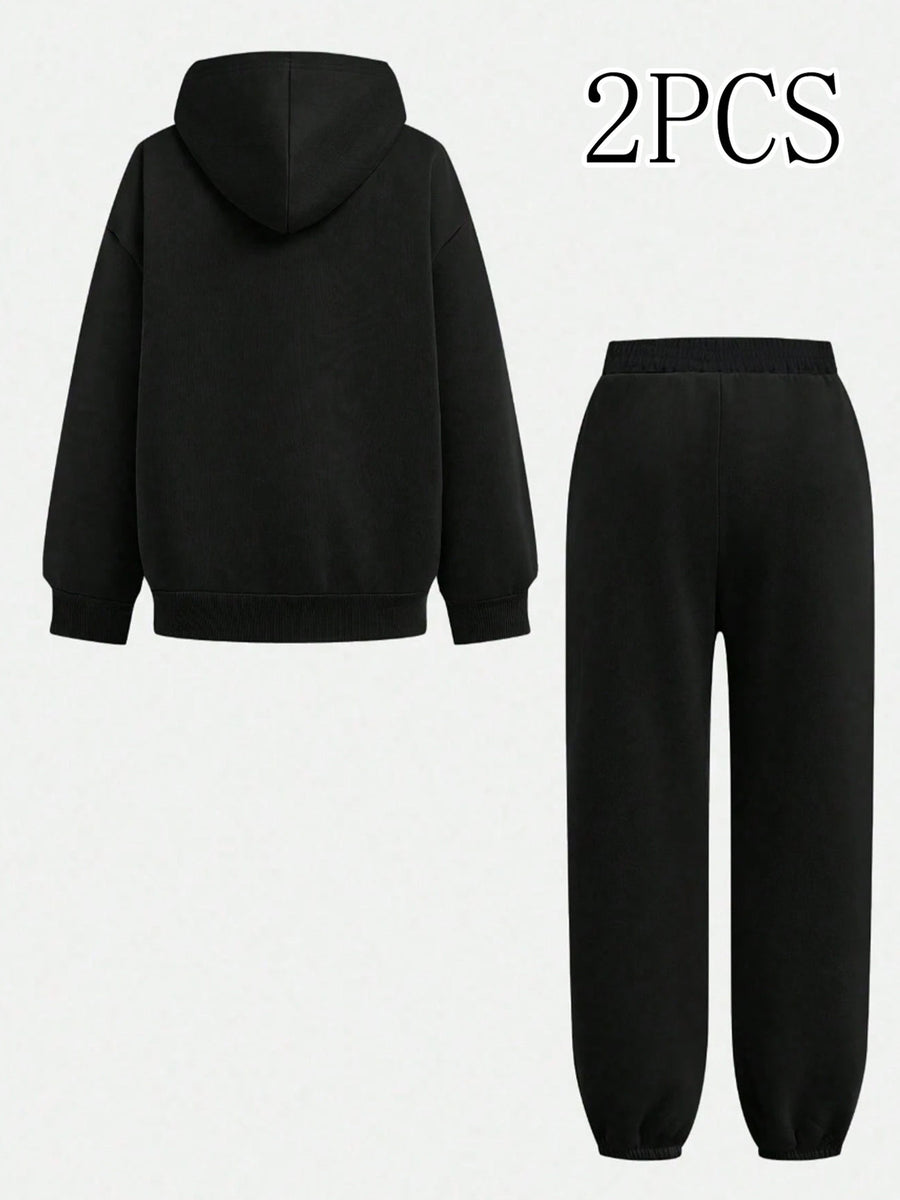 2pcs Value Pack: Stylish and Elegant Y2K Style Sportswear for Women, Suitable for Spring, Autumn, and Winter. Includes a -Lined Hooded Sweatshirt and -Lined Jogger Pants. This 2pcs Set Is Ideal for Indoor and Outdoor Wear, Featuring a Casual - Black+black